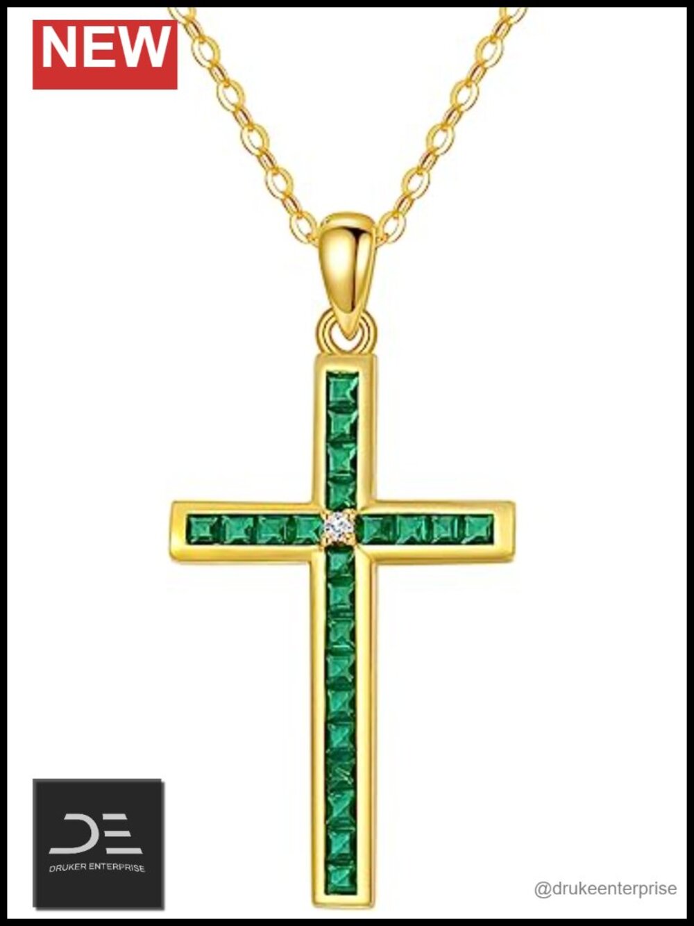 14K Gold Cross Pendant Necklace with Simulated Emerald Moissanite